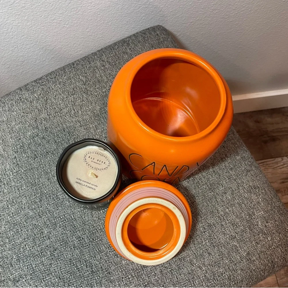 Rae Dunn Halloween set- chubby Candy Corn Canister + Black Witch Candle in cup